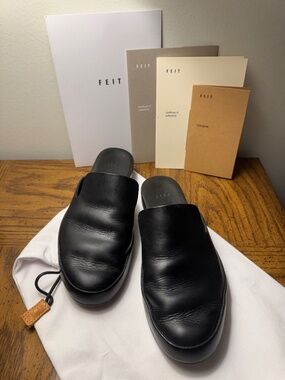 FEIT Hand Sewn Black Leather Women's Mule Slip-on Shoes - size 7/37